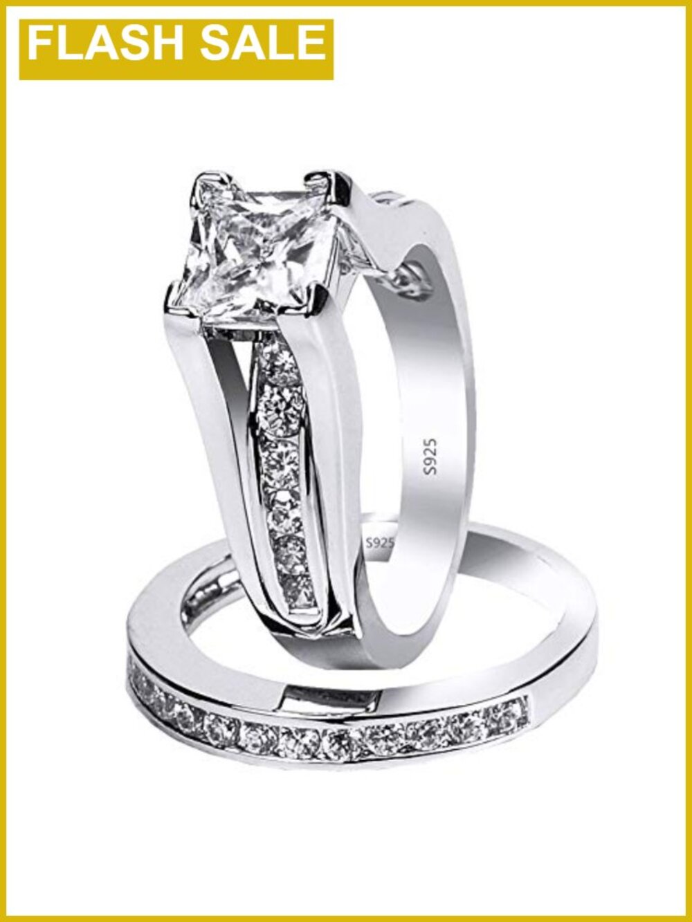 925 Sterling Silver CZ Princess Cut Wedding Engagement Bridal Ring Set